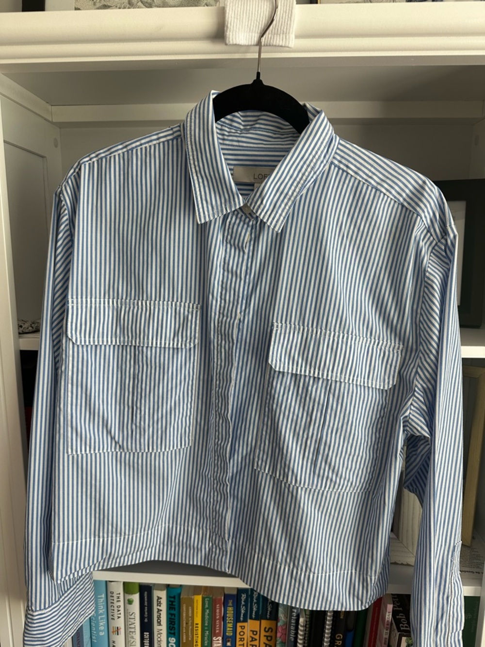 LOFT Blue and White Vertical Stripe Casual Utility Button-Down Shirt